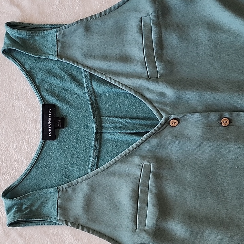Women's Fortune + Ivy Bendry Mixed Material Tie Front Blouse, Green, Large, EUC - Picture 3 of 8